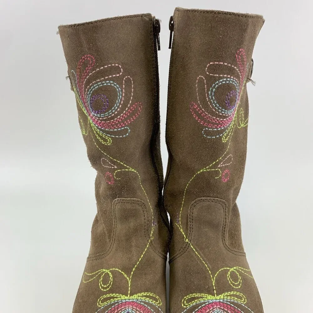 BOGO Hanna Andersson Brown Suede Boot Zip Embroidered Wooden Youth 38 5.5 W 7.5